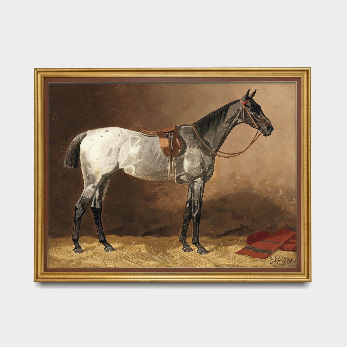 Antique Dappled Grey Saddled Horse Standing in Stable Art Poster - Image 3