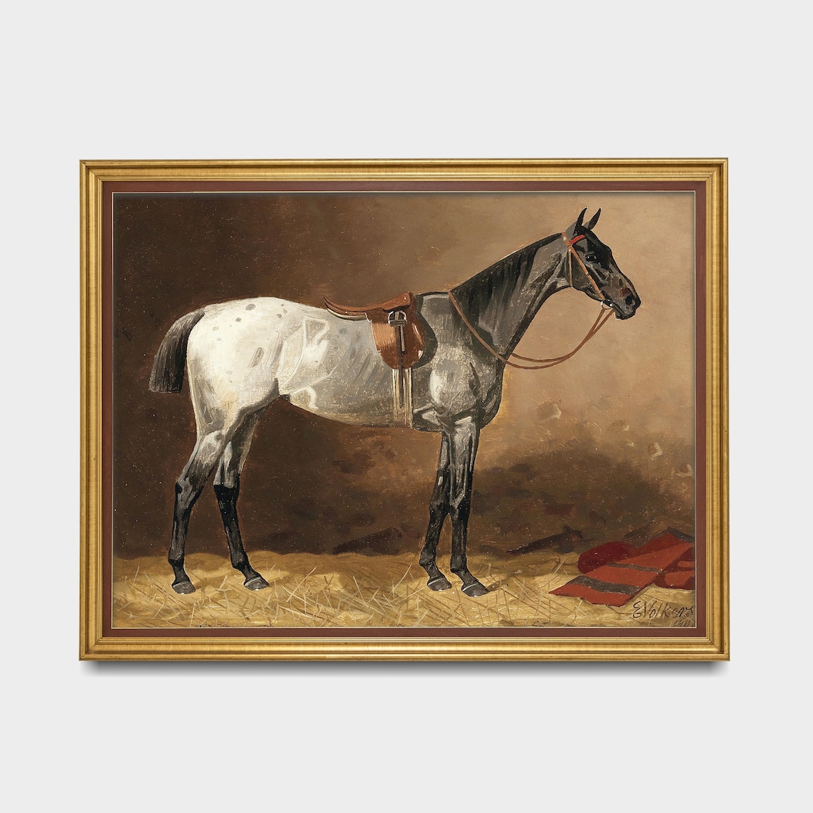 Vintage Saddled Gray Horse in Stable Equestrian Painting Poster - Image 5