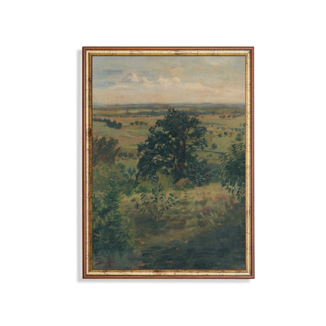 Hilltop View Over a Sunlit Valley With a Great Oak Tree Poster