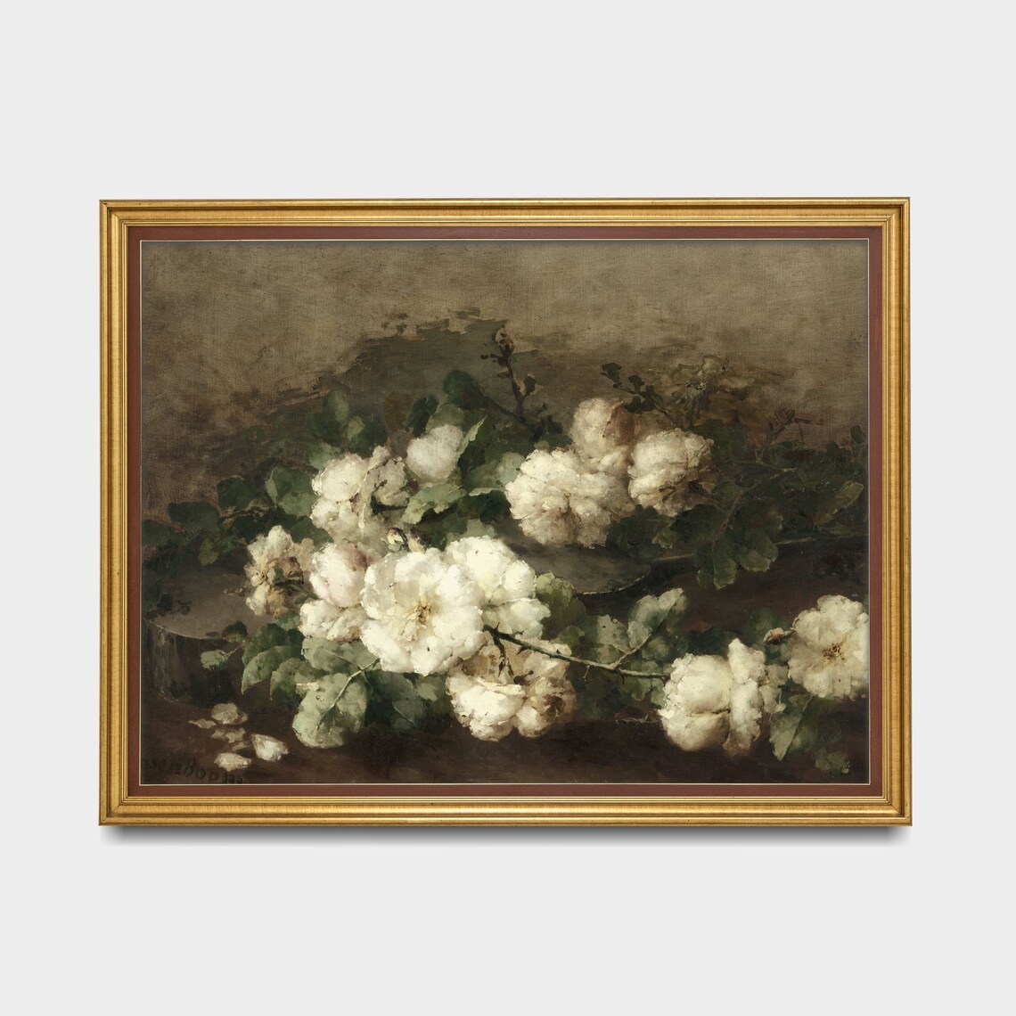 Moody Vintage Still Life of White Roses on a Dark Background Poster - Image 2