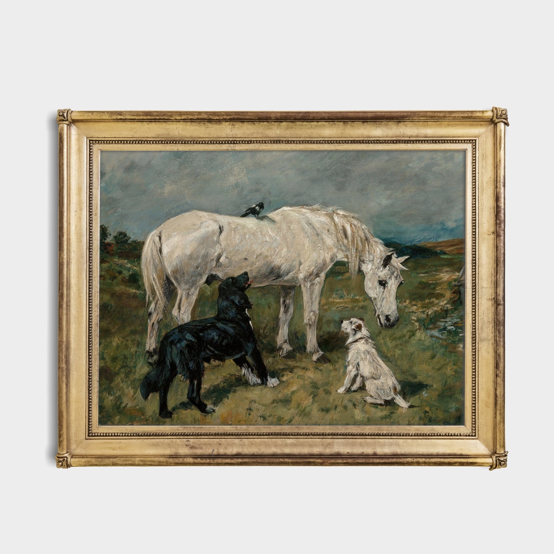 Horse And Dogs Painting Vintage Prints Antique Animal Oil Painting Print Moody Rustic Art Wall Art - Image 2