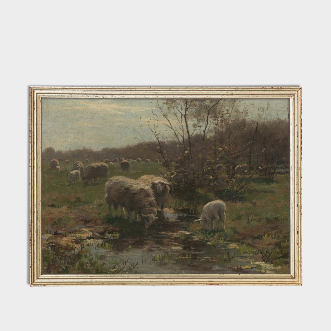 Sheep Grazing by a Stream in a Pastoral Meadow Painting Poster - Image 3