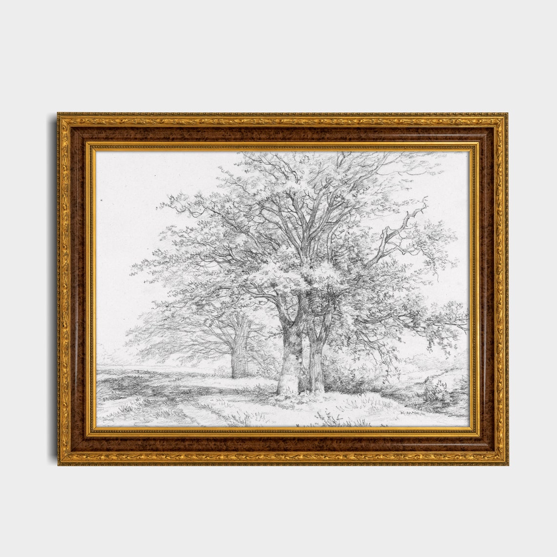 Vintage Sketch Drawing Antique Landscape Drawing Trees Sketch Print Neutral Farmhouse Decor Wall Art - Image 2