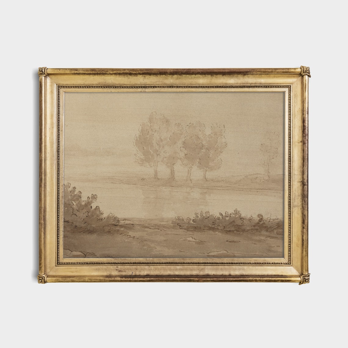 Soft Neutral Landscape Sketch With Trees by a Quiet River Poster - Image 4