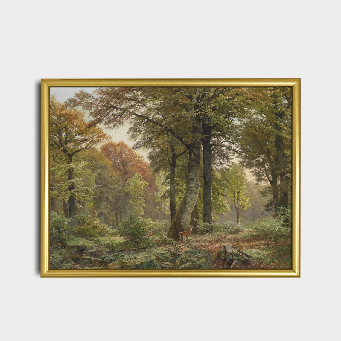 Deer in an Autumn Beech Forest Vintage Landscape Painting Poster - Image 2