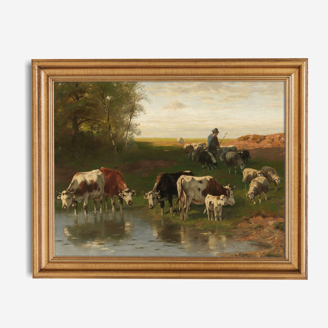Cows and Sheep Drinking at Pond with Shepherd Pastoral Evening Poster - Image 2