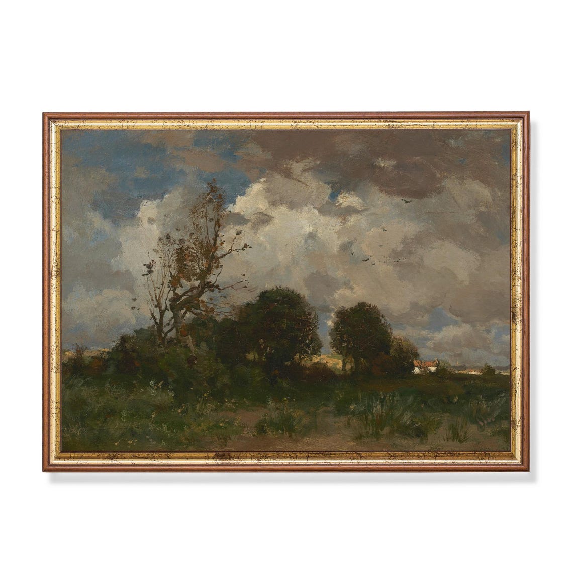 Moody Cloudy Sky Over a Quiet Countryside Meadow Landscape Poster