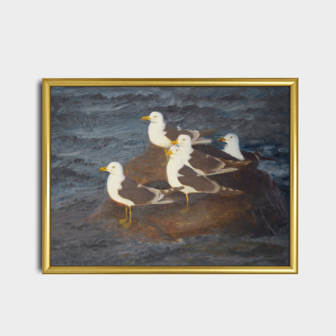 Seagulls Gathered on a Dark Rock by the Sea at Dusk Antique Poster - Image 2