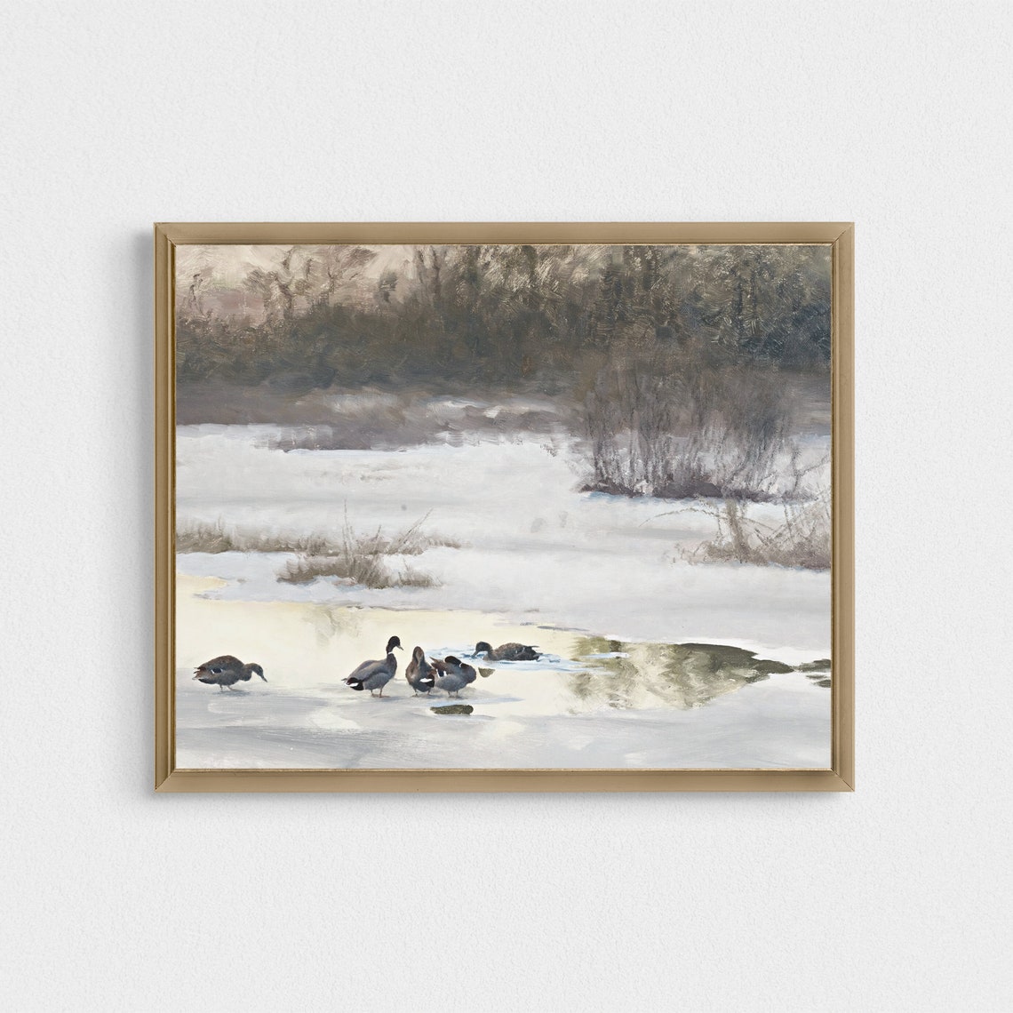 Ducks Standing on a Partly Frozen Winter Pond at Dusk Poster - Image 4