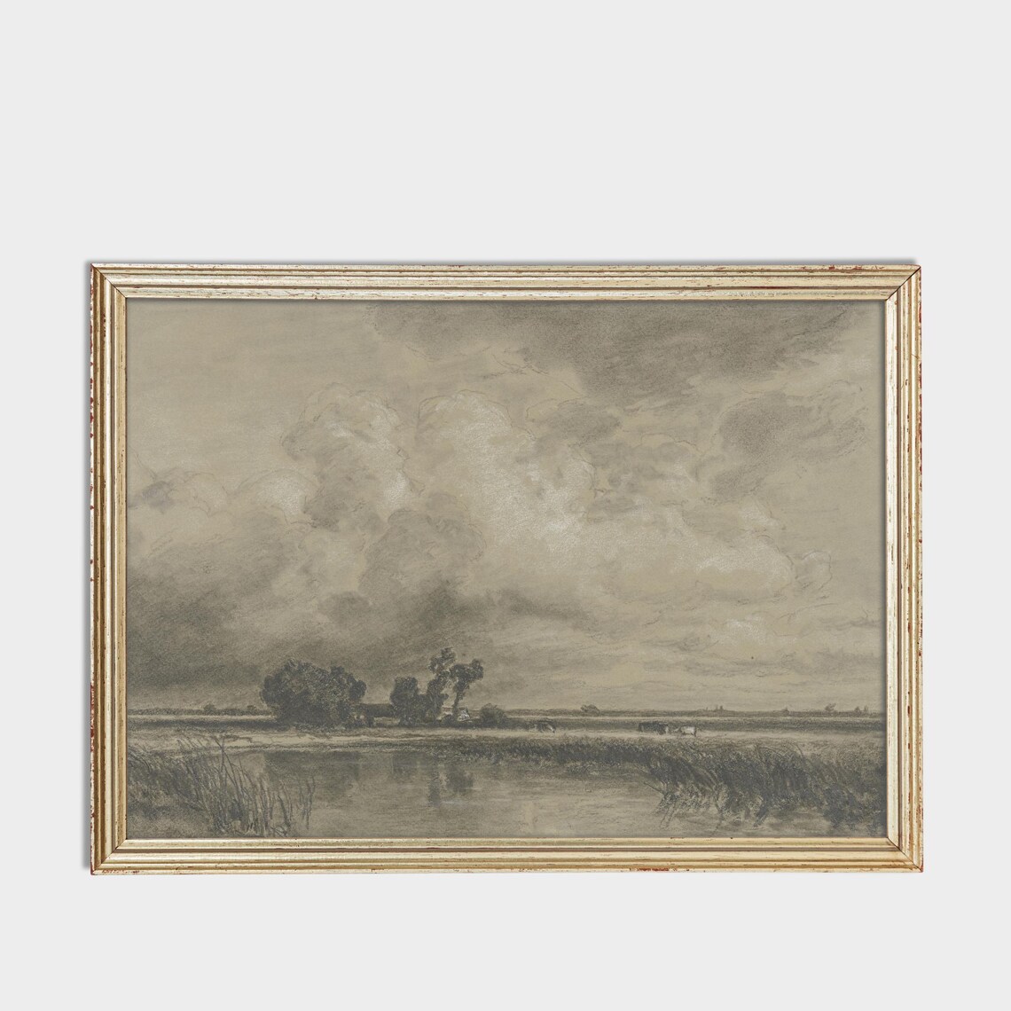 Monochrome River Landscape Sketch Dramatic Clouds Antique Art Poster - Image 3