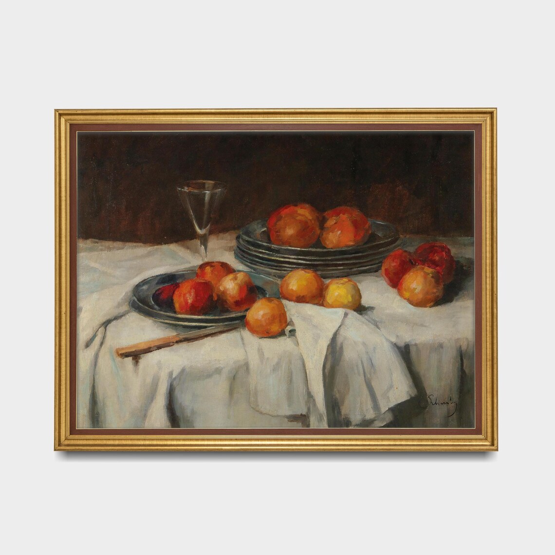 Apples and Wineglass Still Life on a White Tablecloth Poster - Image 5
