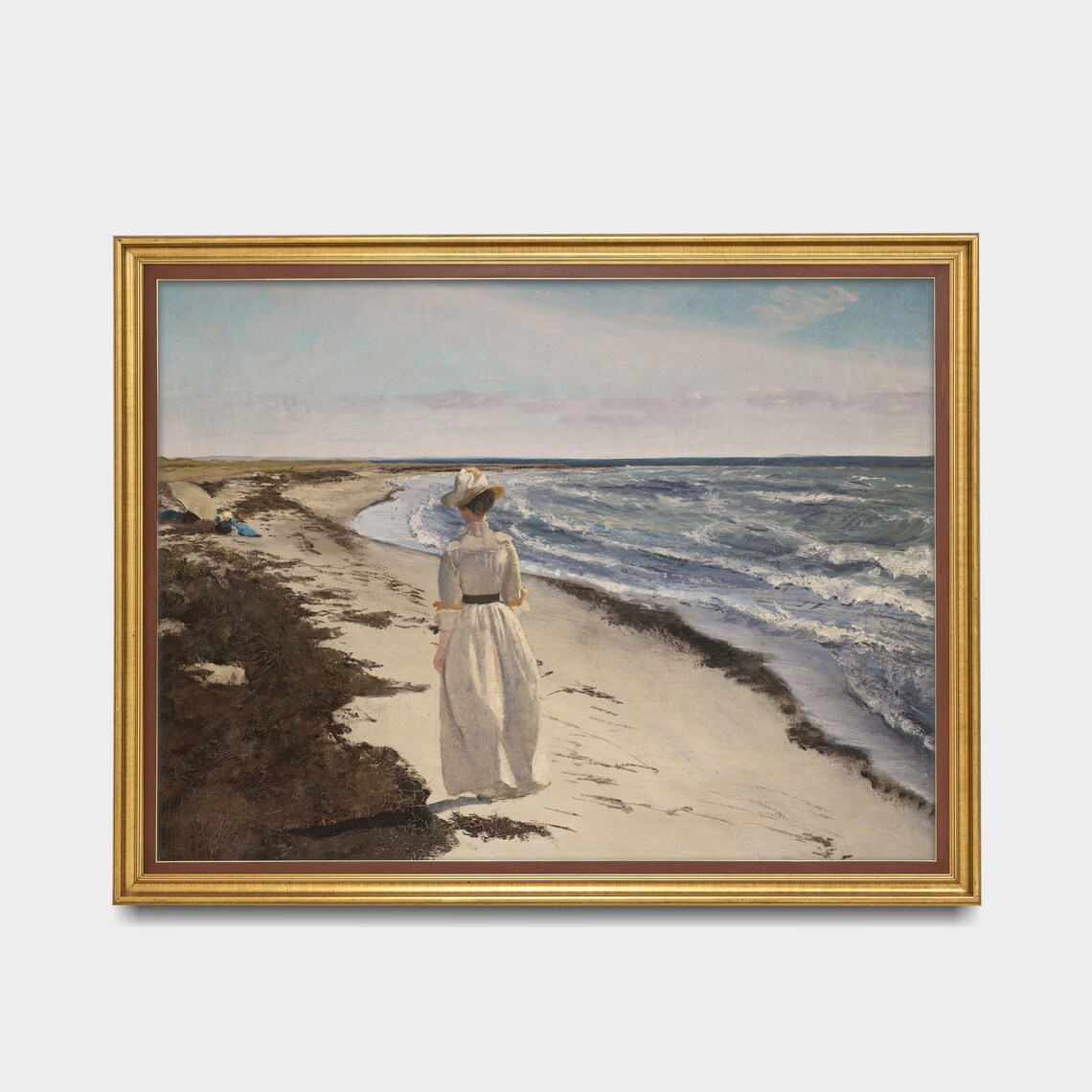 Woman in White Dress Walking the Beach Vintage Seascape Poster - Image 3