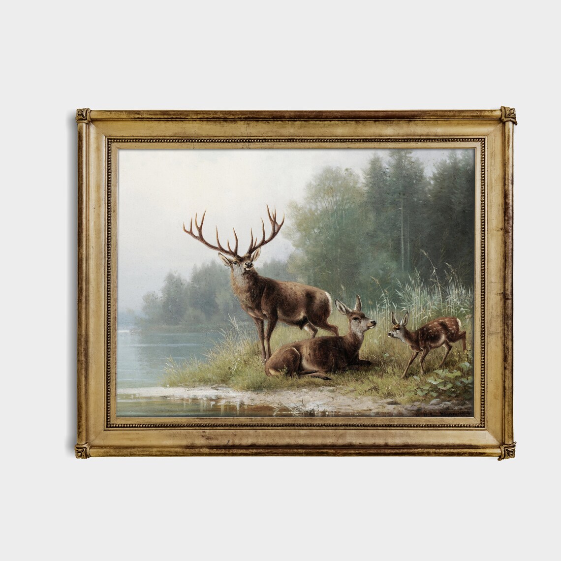 Stag Doe and Fawn at Misty Lake Vintage Deer Painting Poster - Image 4