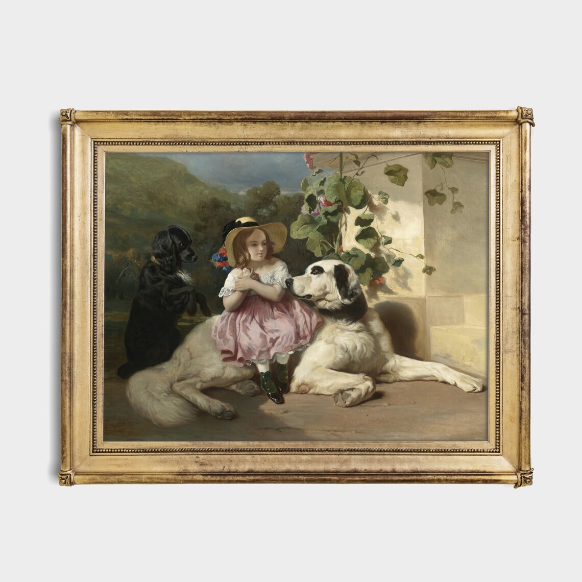Little Girl With Two Big Dogs Victorian Genre Scene Painting Poster - Image 4