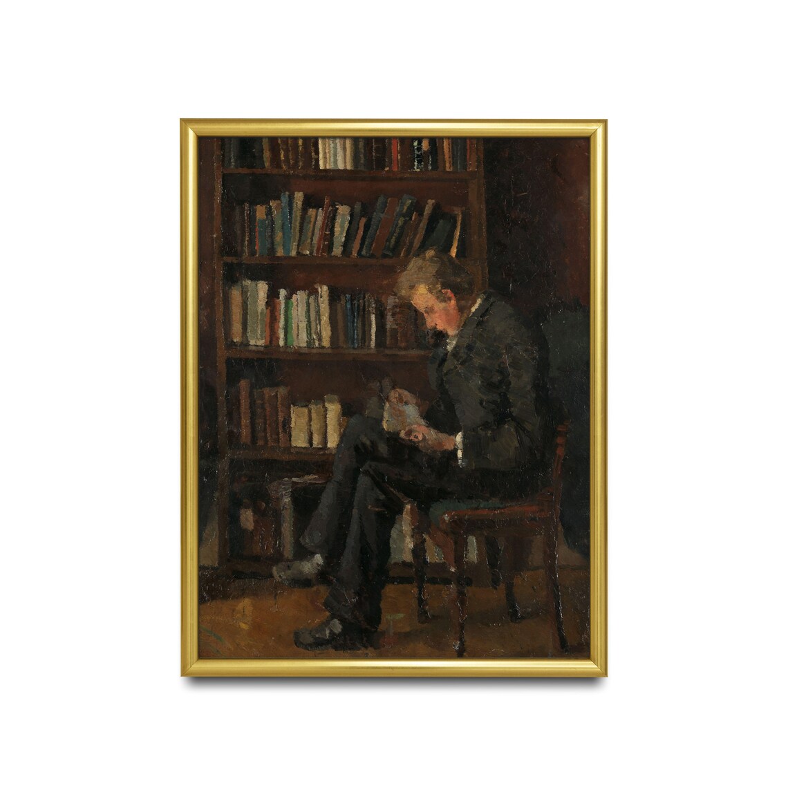 Gentleman Reading a Book Beside a Tall Bookshelf Vintage Poster - Image 4