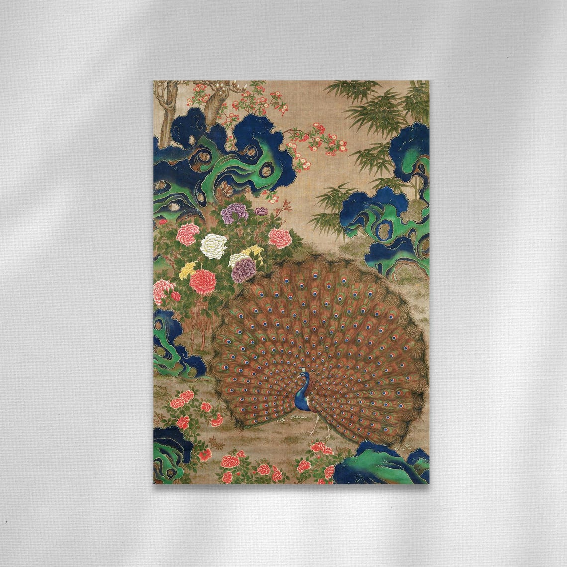 Peacock with Fanned Tail Traditional Chinese Flower Art Poster