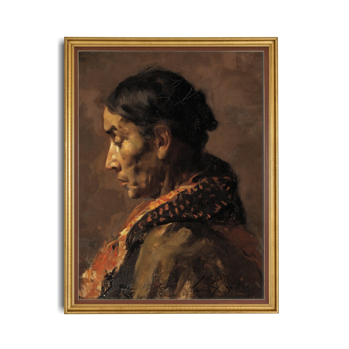 Profile Portrait of an Elderly Woman in Warm Earth Tones Antique Poster - Image 4