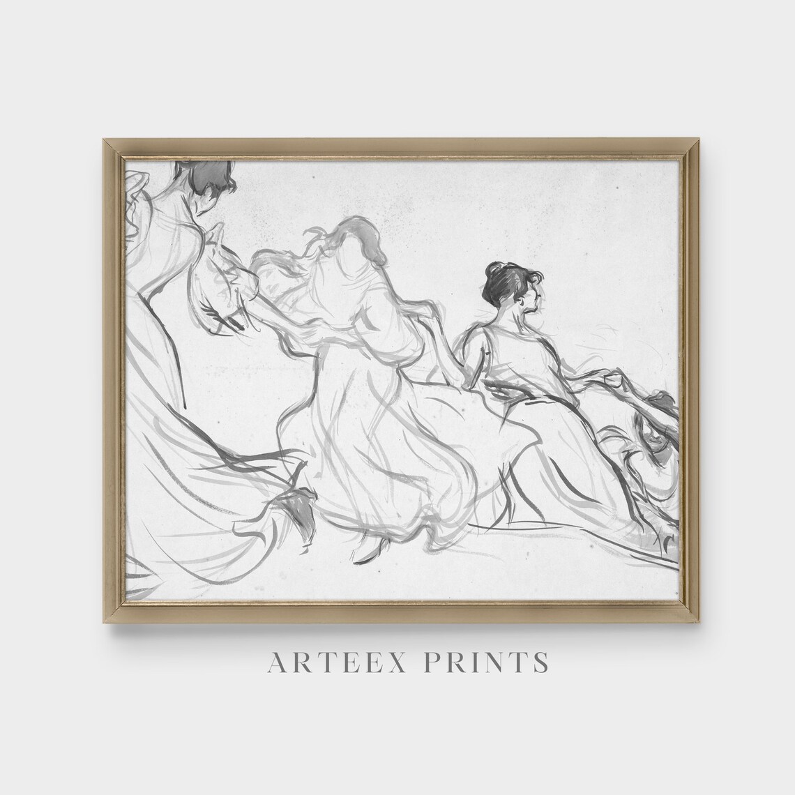 Three Dancing Women Flowing Dresses Ink Sketch Vintage Figure Study Print - Image 3