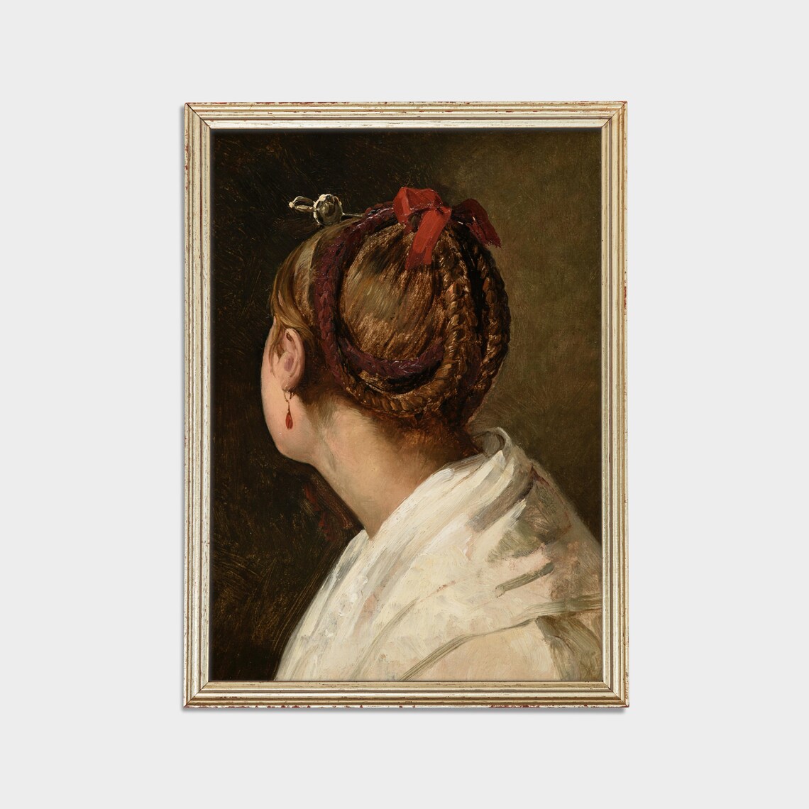 Braided Updo Woman Back View Antique Portrait With Red Ribbon Poster - Image 2