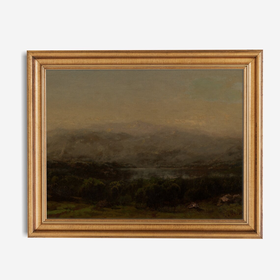 Misty Mountains Over a Dark Lake at Dusk Moody Tonal Landscape Poster - Image 2