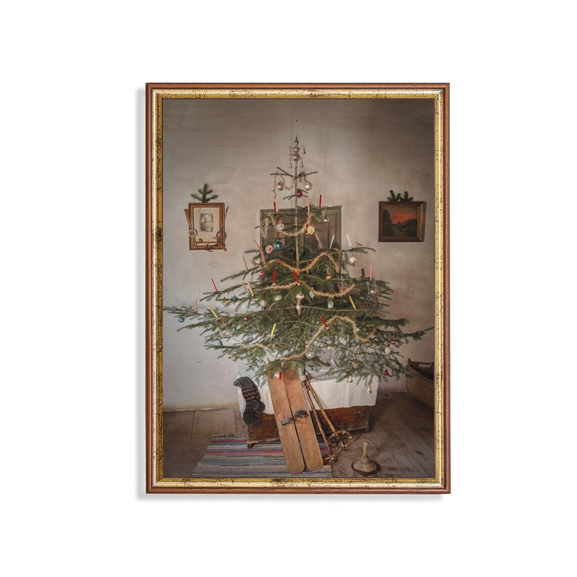 Vintage Christmas Tree Candles Antique Ornaments Old Room Art Poster