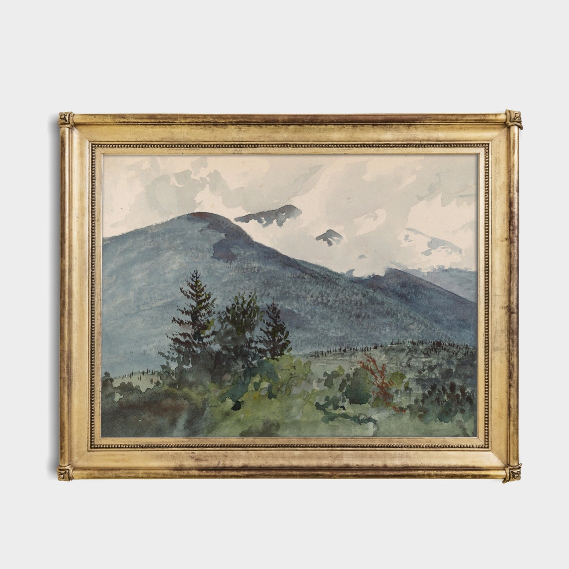 Blue Mountain Peak Rising Above Pine Forest Antique Watercolor Poster - Image 3