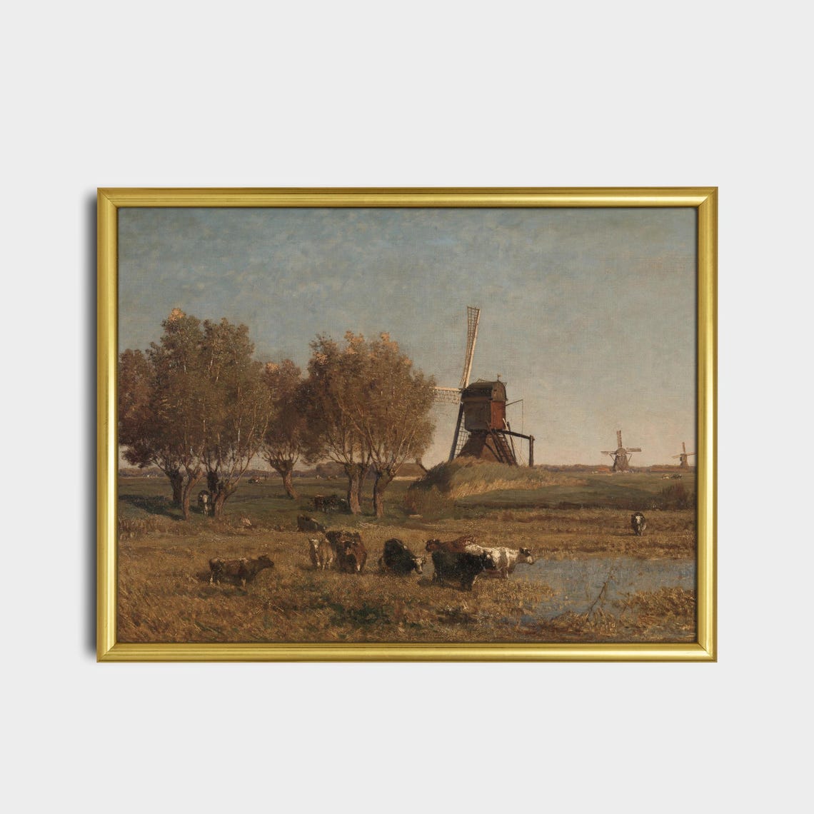 Dutch Windmills with Grazing Cattle in Polder Painting Poster - Image 2