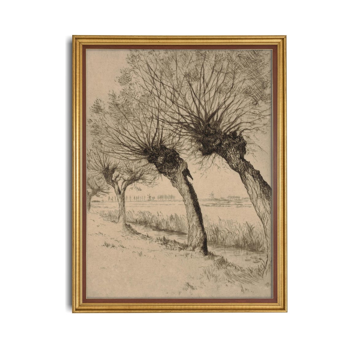 Antique Pollarded Willow Trees By Water Sketch Drawing Art Poster - Image 4