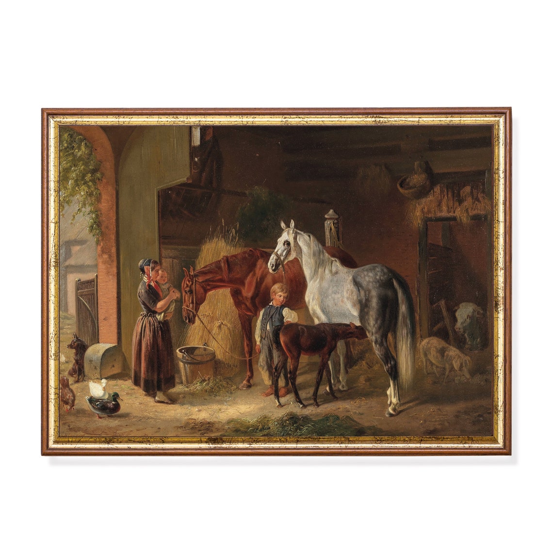 Stable Interior Family with Horses Foal Chickens Vintage Farm Poster