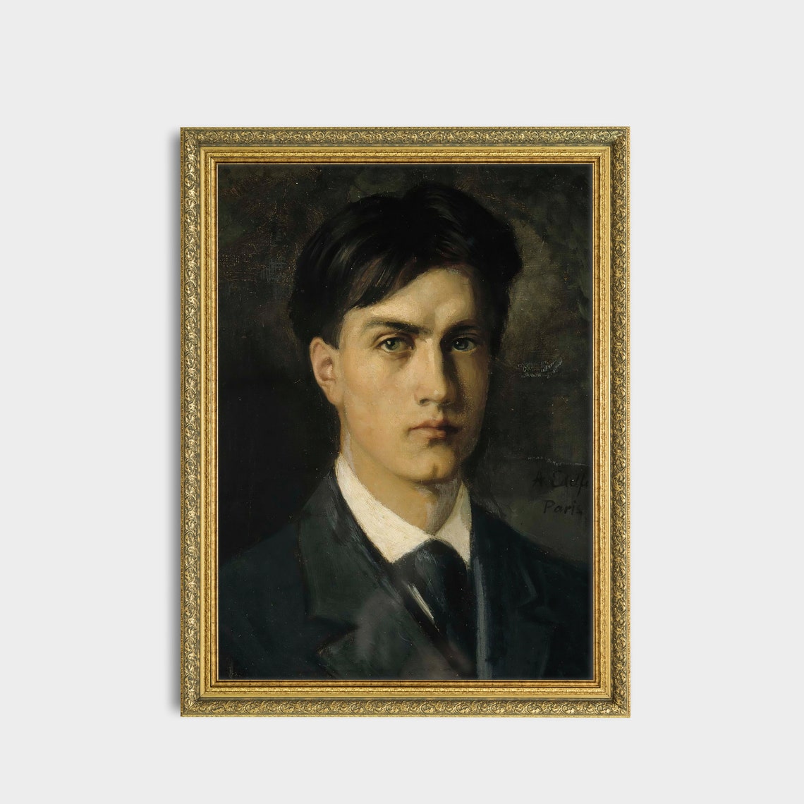 Young Dark-Haired Gentleman Signed Paris Antique Portrait Poster - Image 2