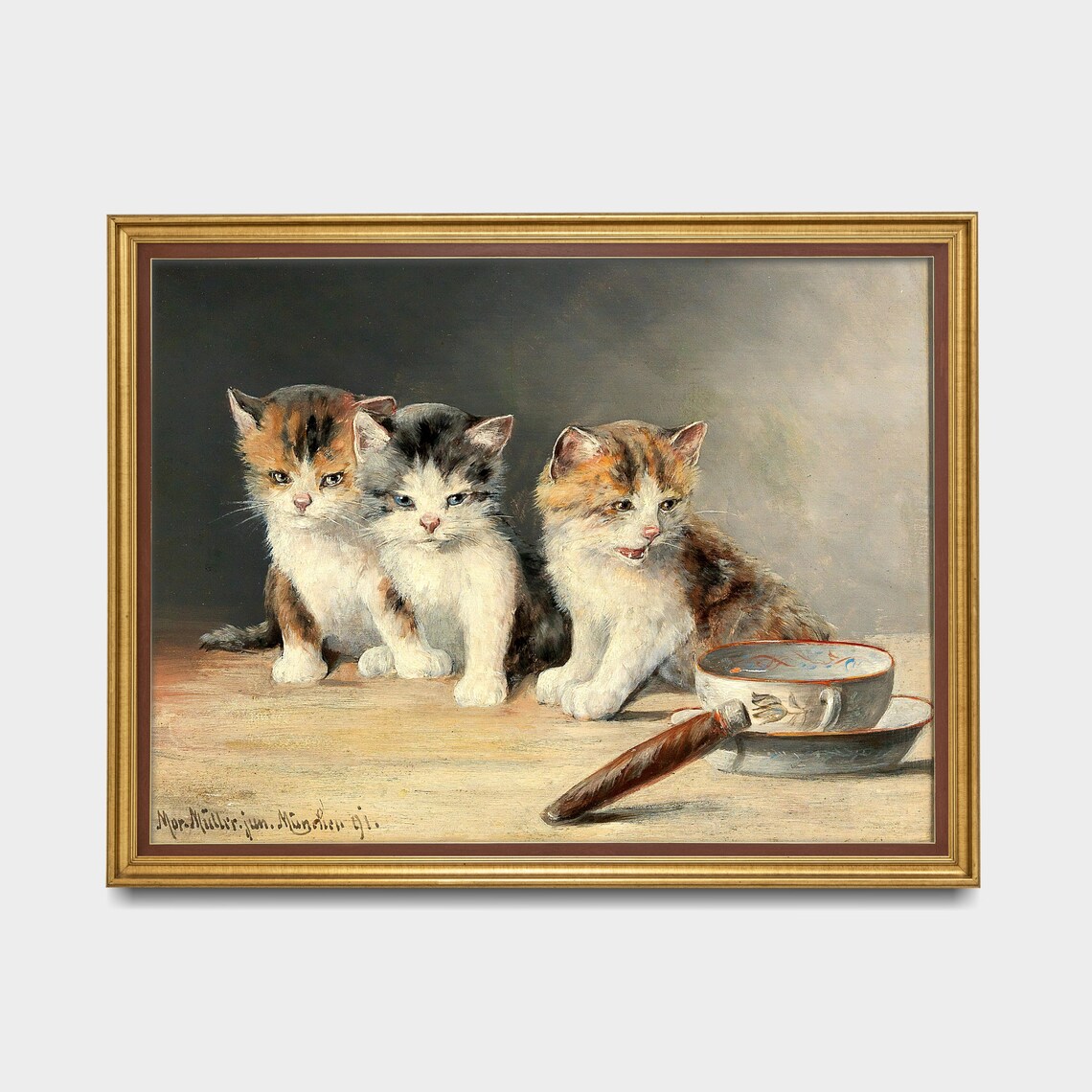 Three Kittens by Teacup Vintage Victorian Cat Painting Art Poster - Image 5