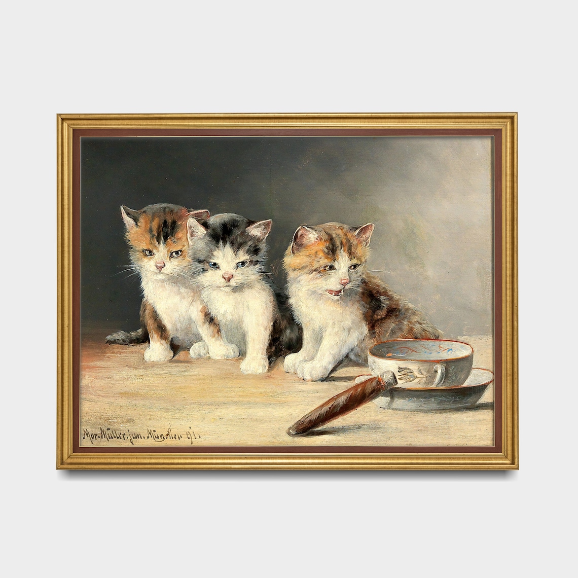 Three Kittens With Teacup And Pipe Vintage Victorian Cat Painting Poster - Image 3