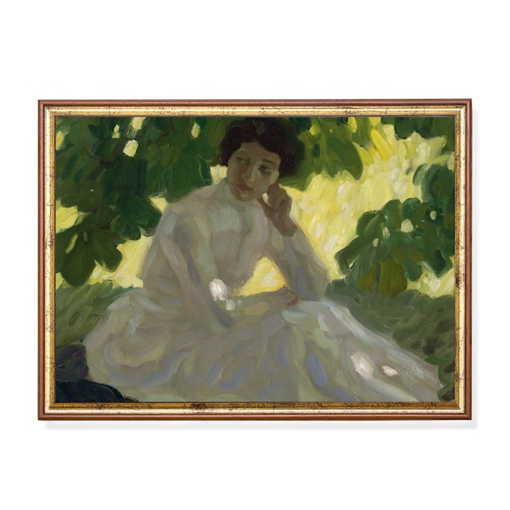 Woman in White Seated in Dappled Summer Garden Shade Art Poster