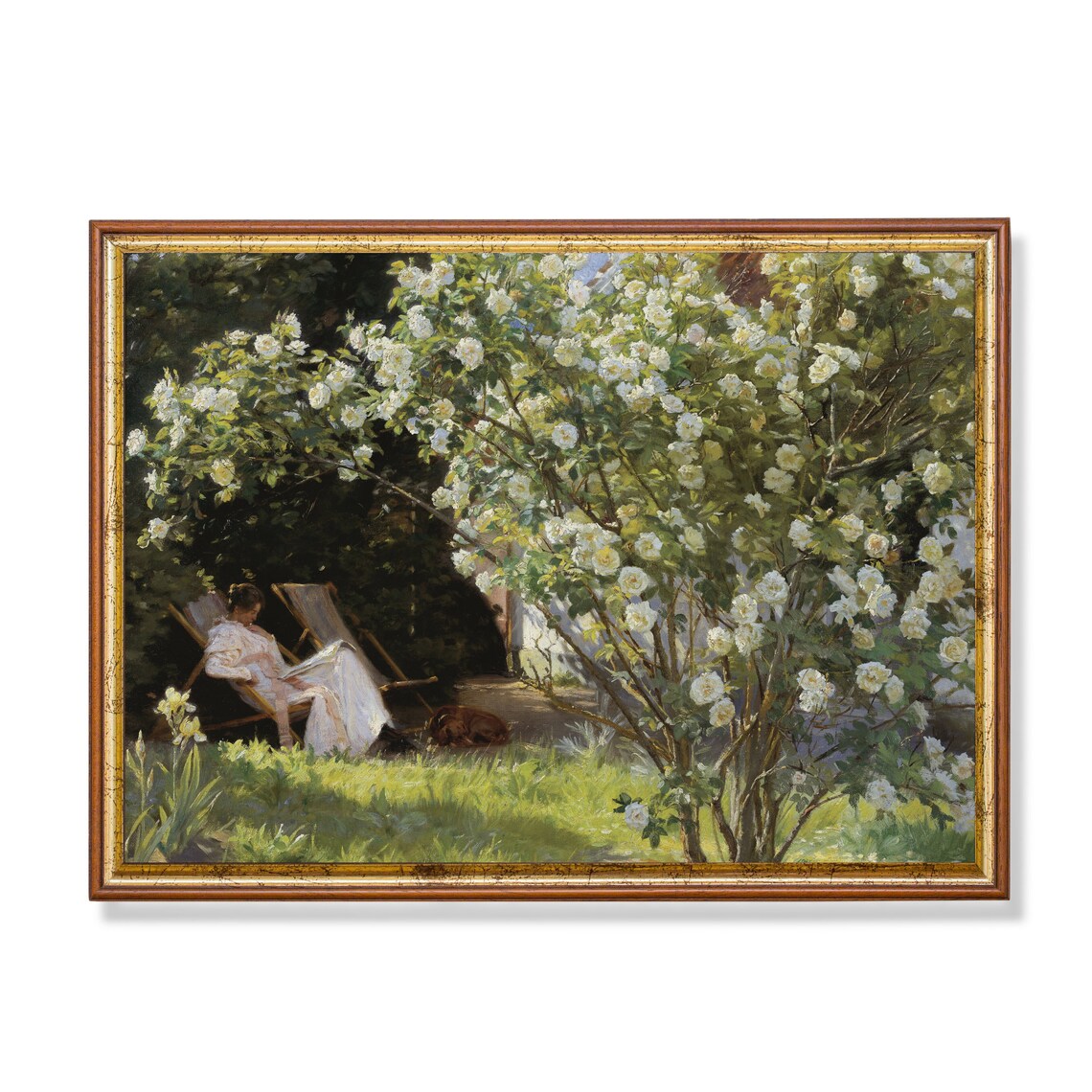 Vintage Lady Reading in the Garden, Art Print