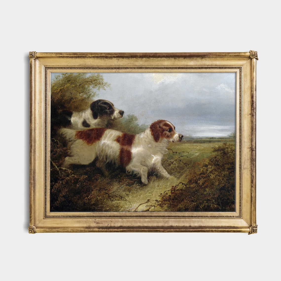 Vintage Hunting Dogs Flushing Game Birds Field Oil Painting Poster - Image 2