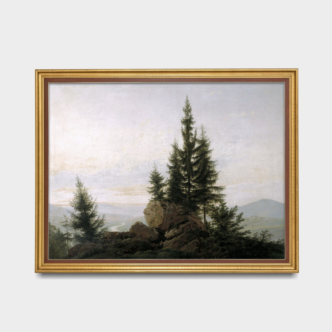 Fir Trees and Rocks Over a Misty Valley Vintage Landscape Poster - Image 2