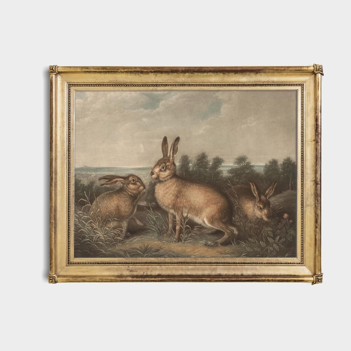 Three Hares Countryside Vintage Engraving Style Animal Art Poster - Image 4