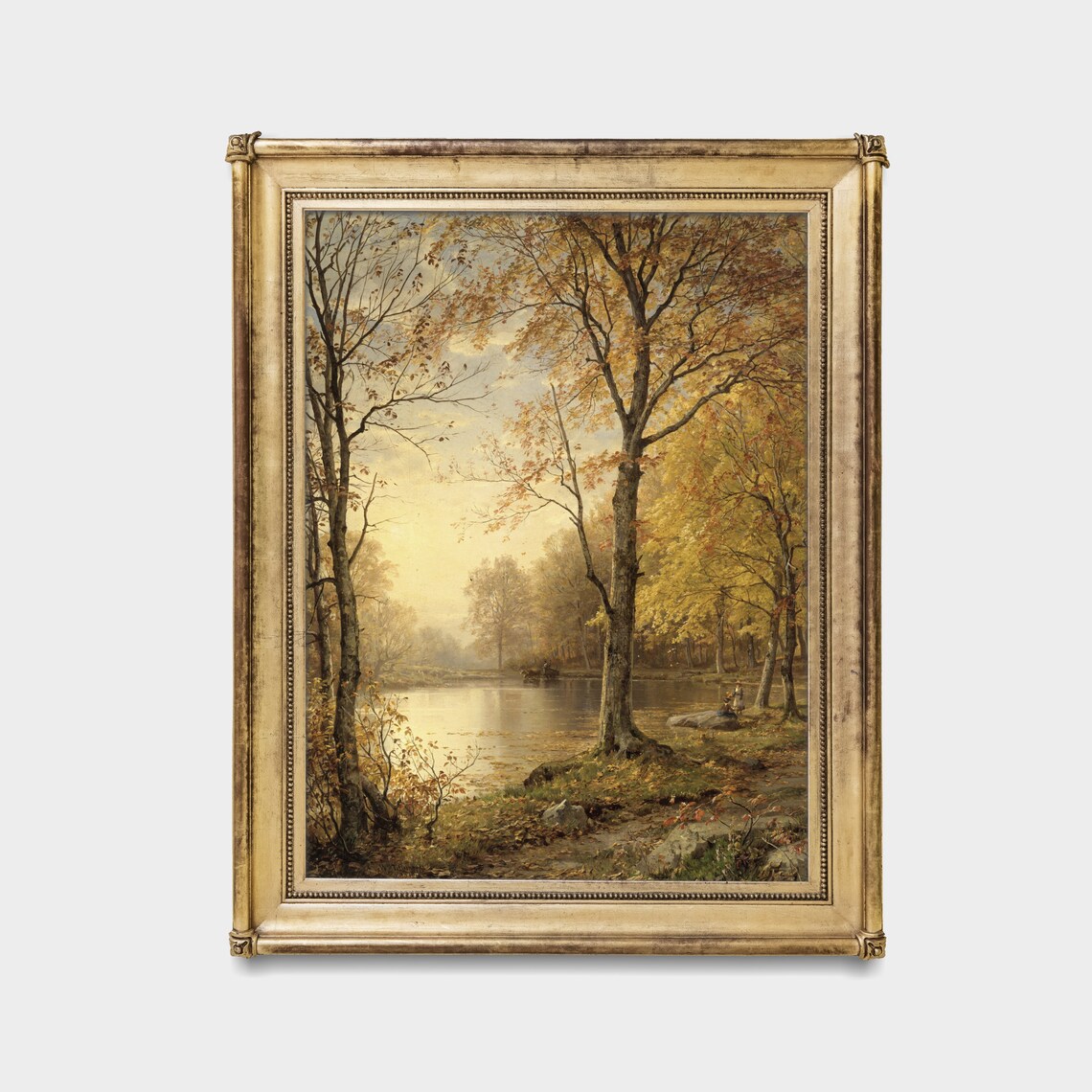 Autumn Forest By A Lake With Anglers Vintage Fall Landscape Oil Poster - Image 2