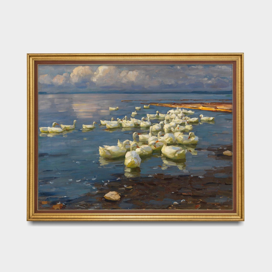 Flock of White Ducks on a Calm Lake at Dusk Vintage Art Poster - Image 5