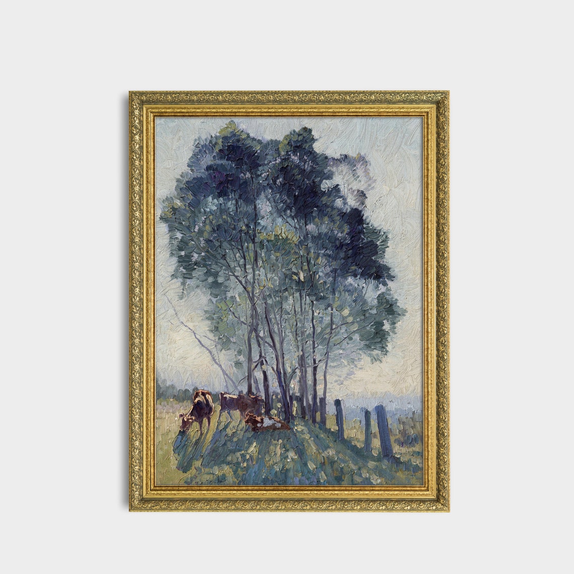 Cows Grazing Beneath Tall Trees in Soft Morning Light Poster - Image 3