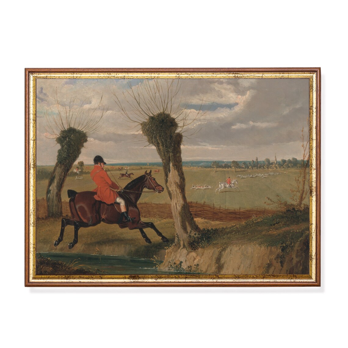 Huntsman in Scarlet Coat Clearing the Brook Vintage Hunting Poster