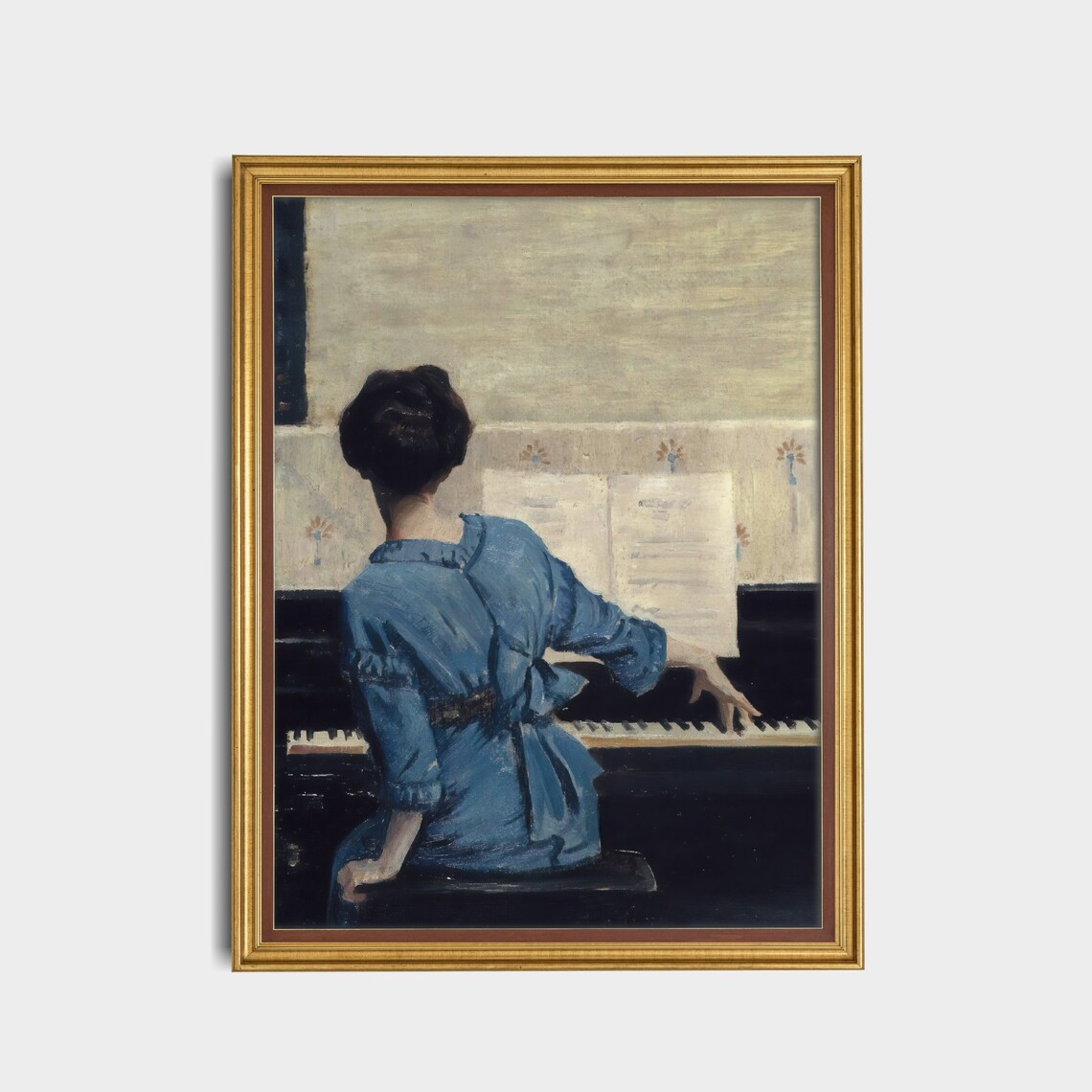 Vintage Woman in Blue Dress Playing Piano Seen From Behind Antique Poster - Image 5