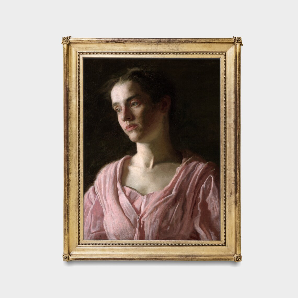 Moody Woman Portrait in a Pink Blouse on a Dark Background Poster - Image 2