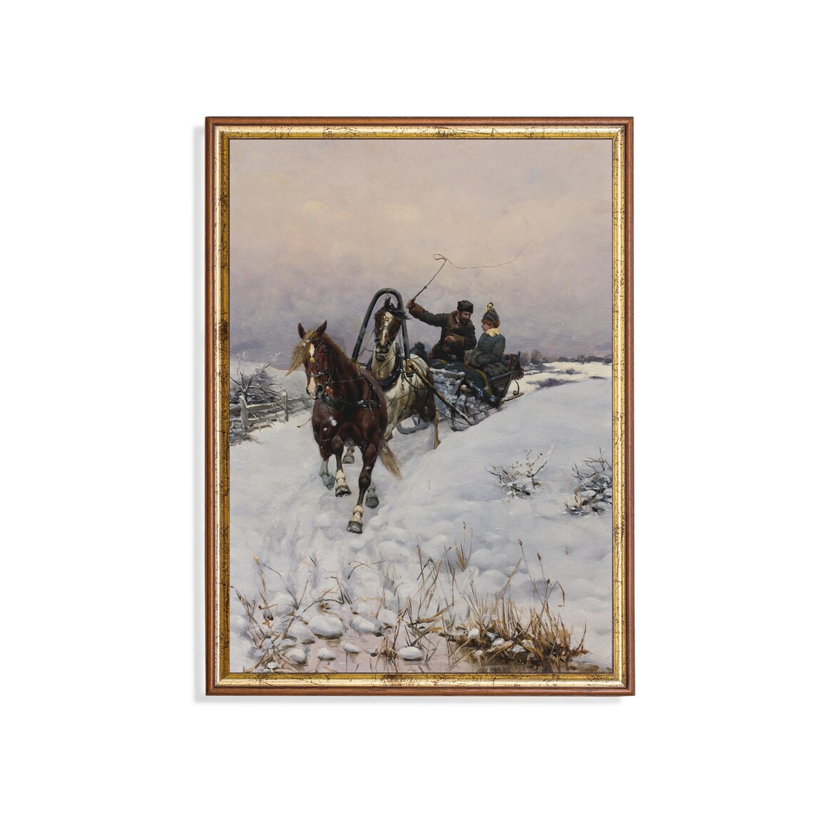 Horse Drawn Sleigh Ride Racing Across Snowy Fields Vintage Poster