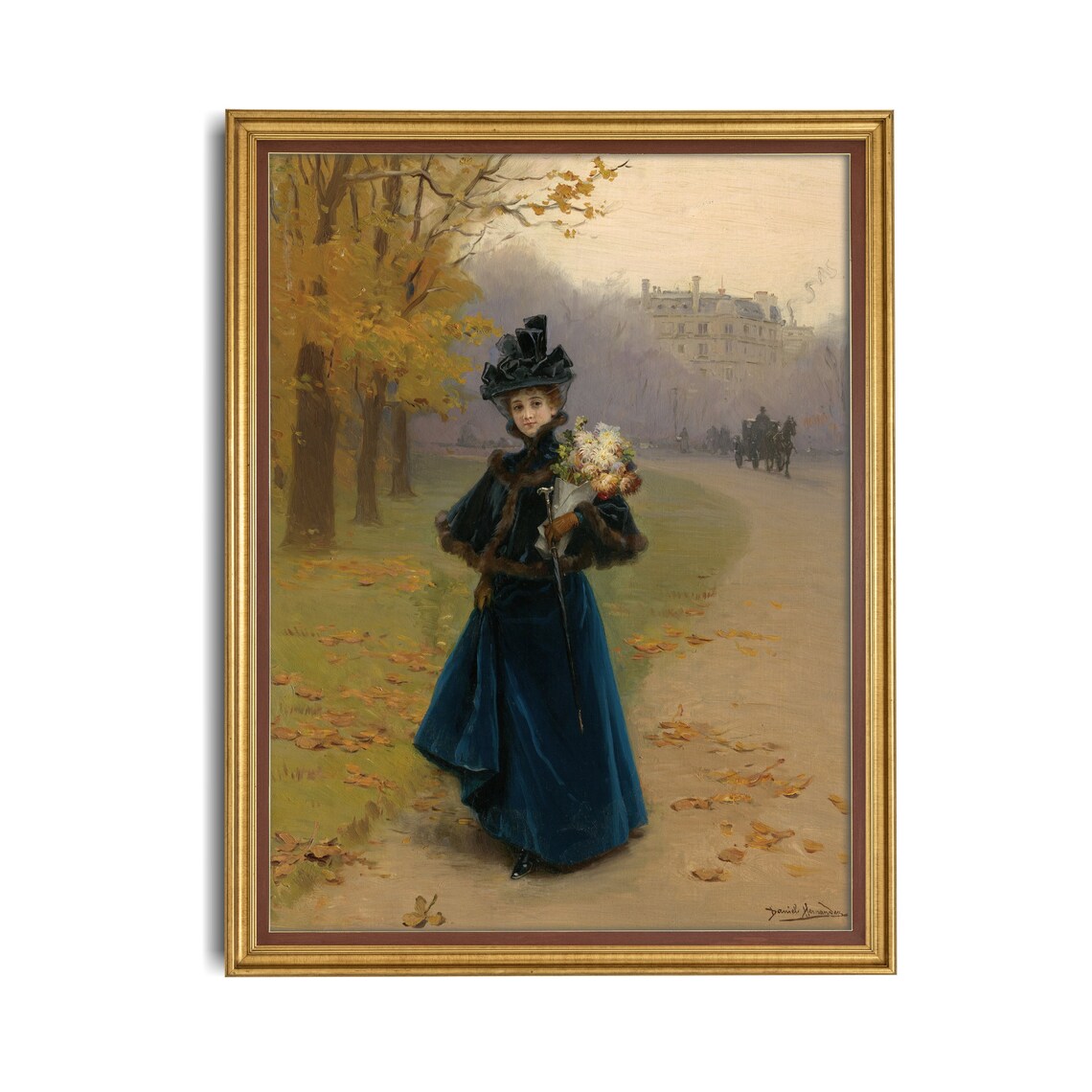 Victorian Lady in Blue Gown With Autumn Flower Bouquet Poster - Image 2