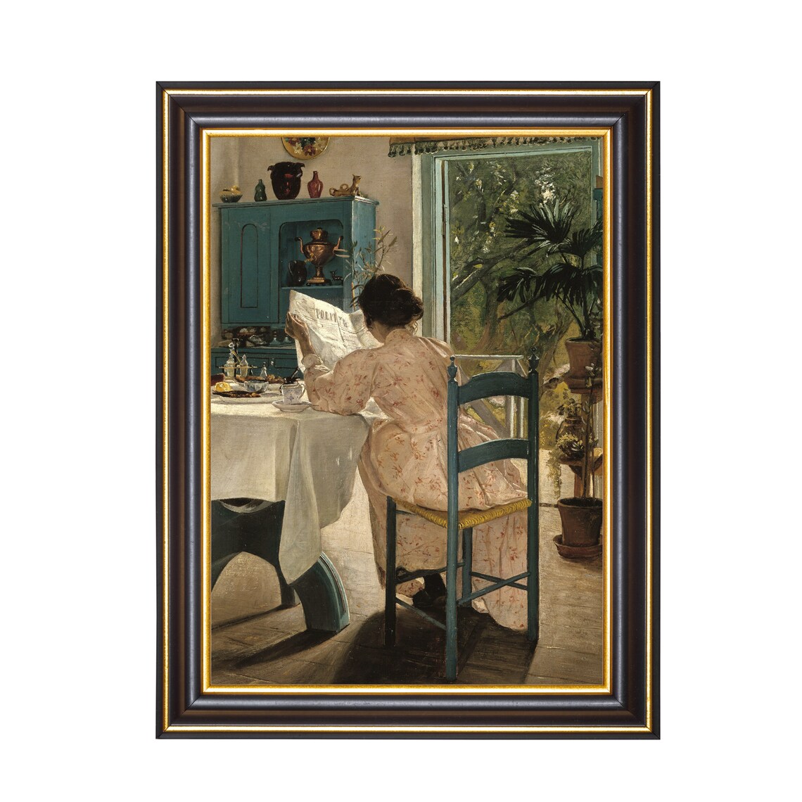 Woman Reading Newspaper at Breakfast Sunlit Impressionist Interior Poster - Image 2