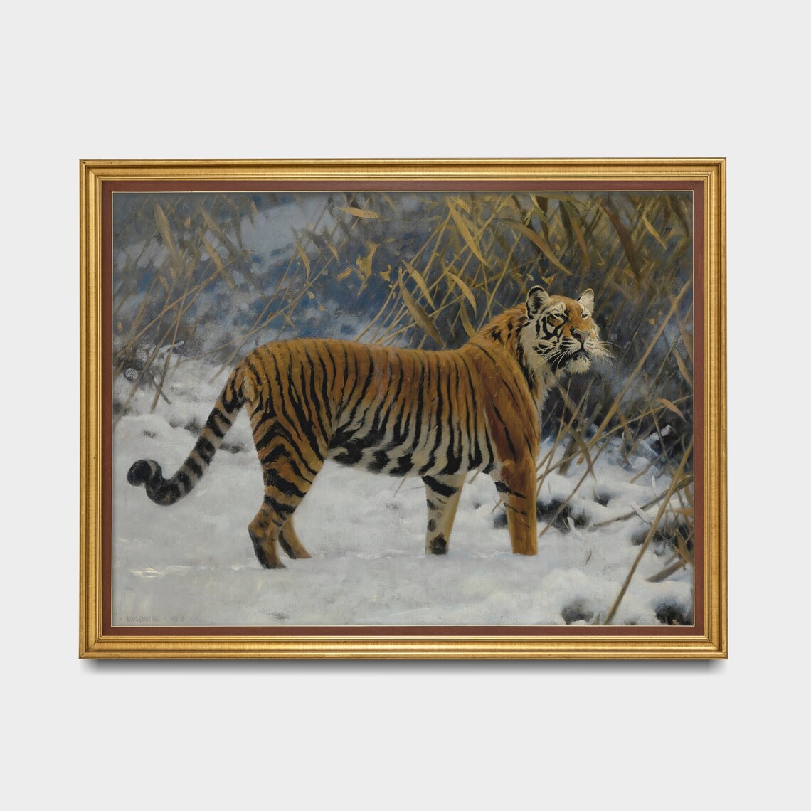 Tiger Standing in the Snow Winter Vintage Wildlife Oil Painting Poster - Image 3