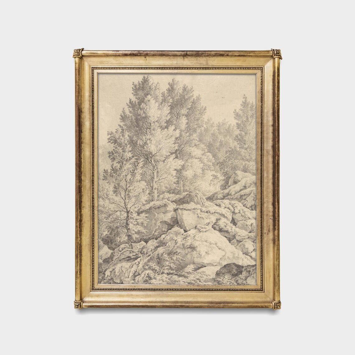 Rocky Woodland Hill Antique Pencil Sketch Neutral Art Poster - Image 5
