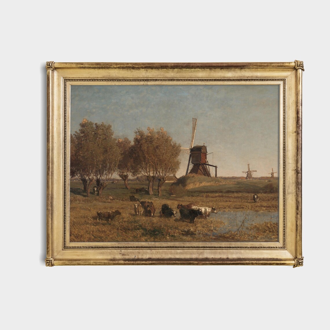 Dutch Windmills with Grazing Cattle in Polder Painting Poster - Image 4