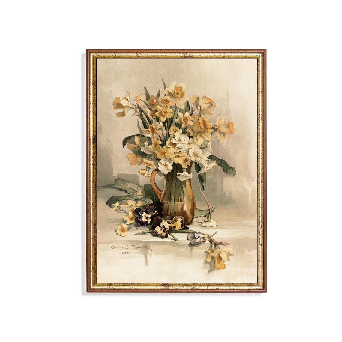 Daffodils in a Pitcher with Pansies 1888 Floral Watercolor Poster